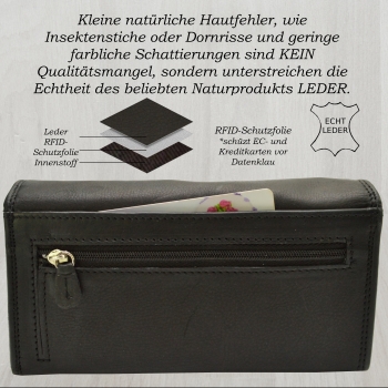 flevado Portemonnaie Schwarz Damen Leder Geldbörse Damenbrieftasche mit Klippfach RFID Schutz